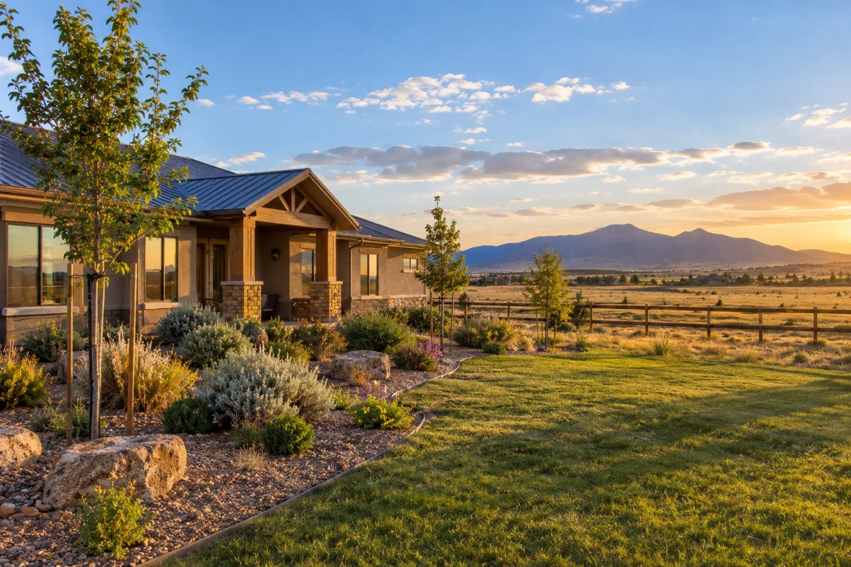 Chino Valley ranch home with native shrubs, boulders and staked young trees near the house, a small lawn, and a rail fence and pasture beyond