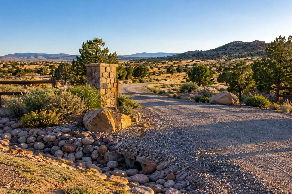 Cobble-lined wash crossing with a culvert beside a gravel driveway and stone entry column on a rural Dewey-Humboldt property