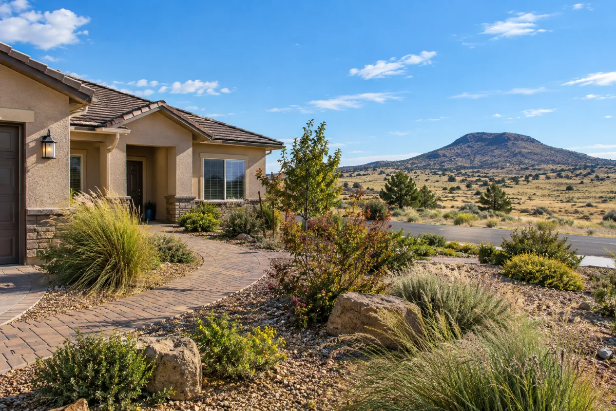 Prescott Valley front yard with rock mulch, native grasses, boulders and a paver walkway, Glassford Hill in the distance