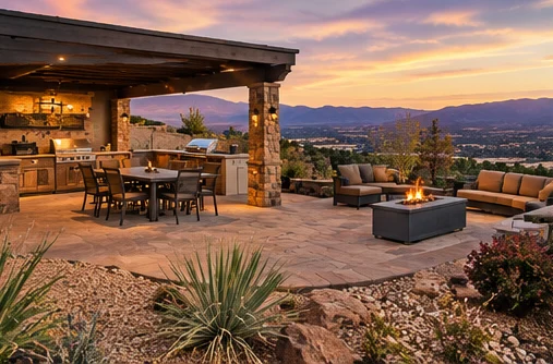 Covered outdoor kitchen and flagstone patio with a fire table, overlooking mountains at sunset