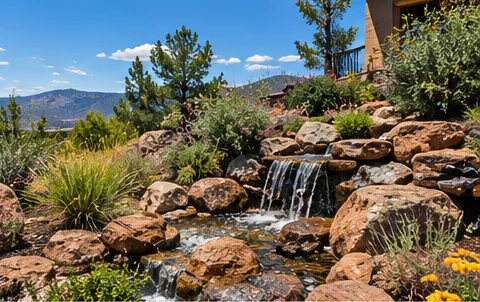 Granite boulders, native grasses and a small rock waterfall set into a hillside yard
