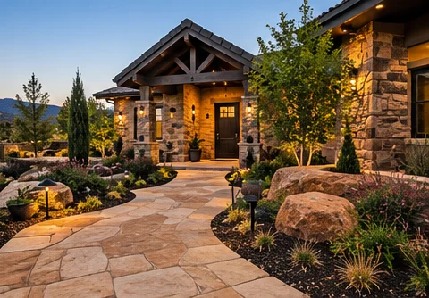 Flagstone walkway lined with boulders, path lights and native plants leading to a stone and timber front entry