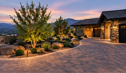 Curved paver driveway with uplit trees and native plantings in front of a stone-accented home at dusk