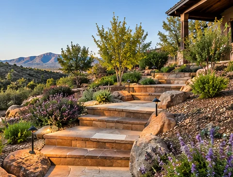 Stone steps with low path lights climbing a hillside garden of boulders, native shrubs and lavender