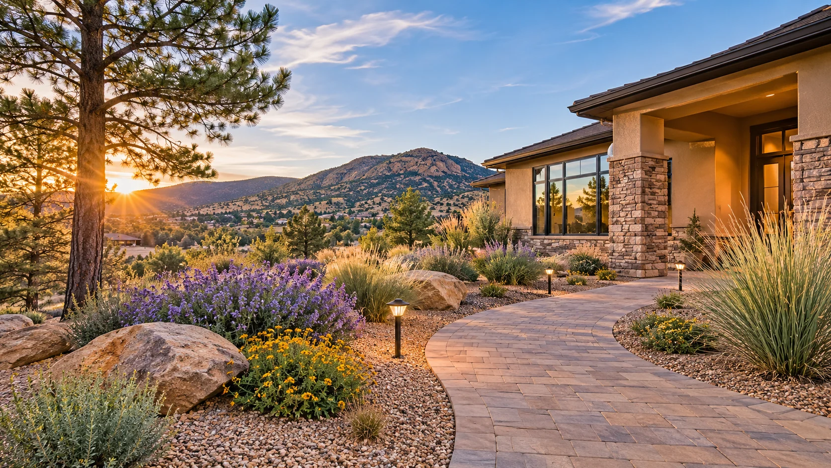 Stone and timber Prescott home at golden hour with a curving flagstone path, granite boulders, lavender, native grasses and ponderosa pines