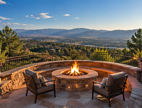 Flagstone patio with a round stone fire pit, curved seat wall and two chairs overlooking pine-covered hills