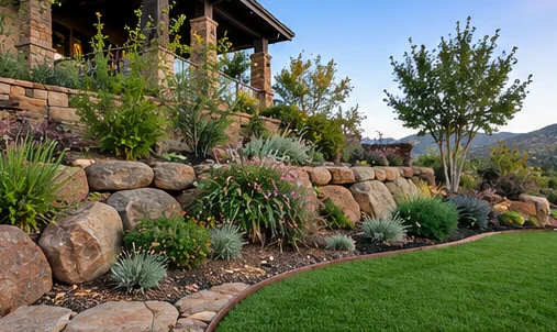 Boulder retaining wall terracing a slope above a curved lawn, planted with native shrubs and small trees